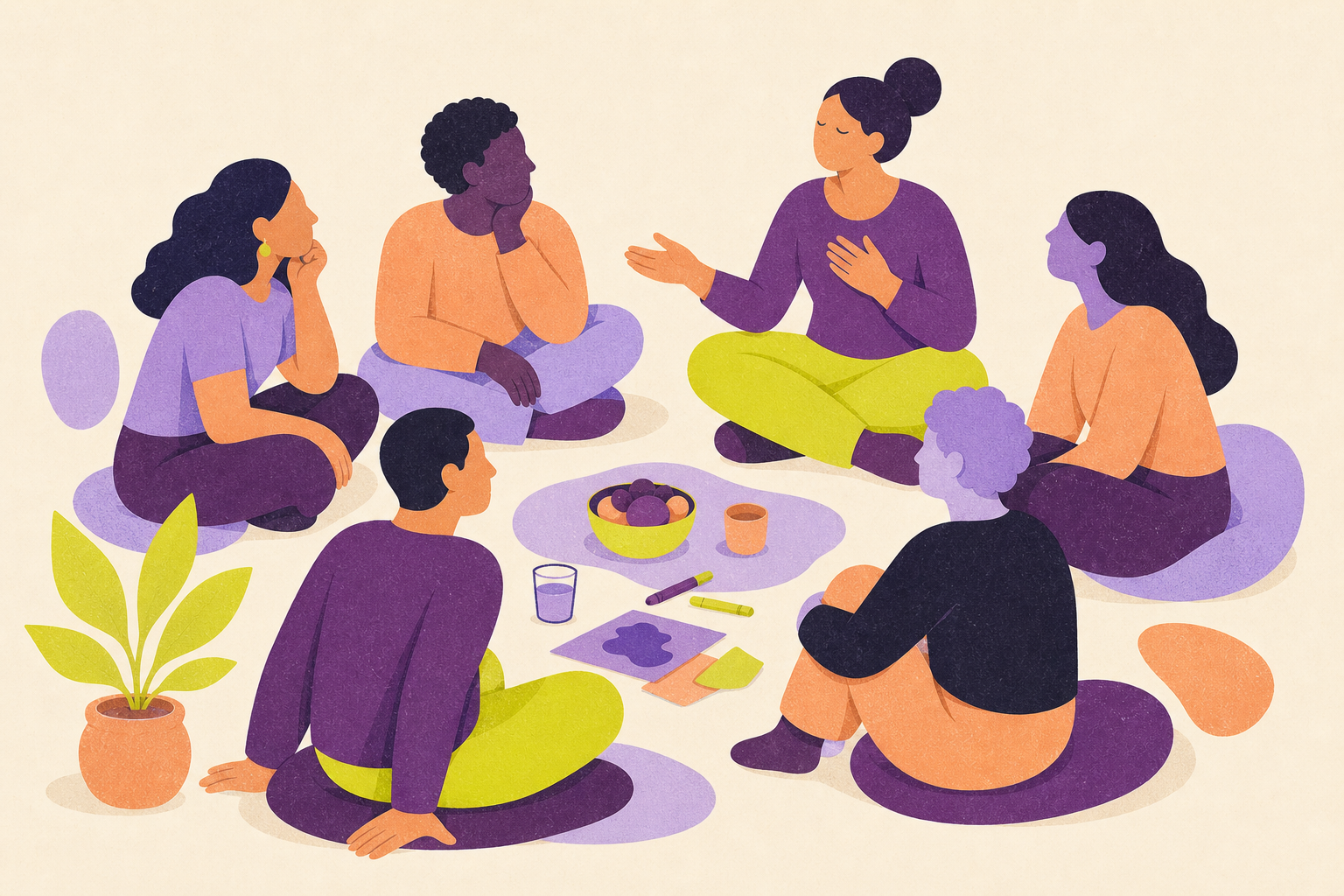 A diverse group seated in a circle, listening and reflecting together